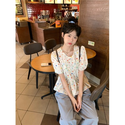 甜美可爱波点娃娃衫短袖衬衫女夏季小个子短款衬衣设计感小众上衣