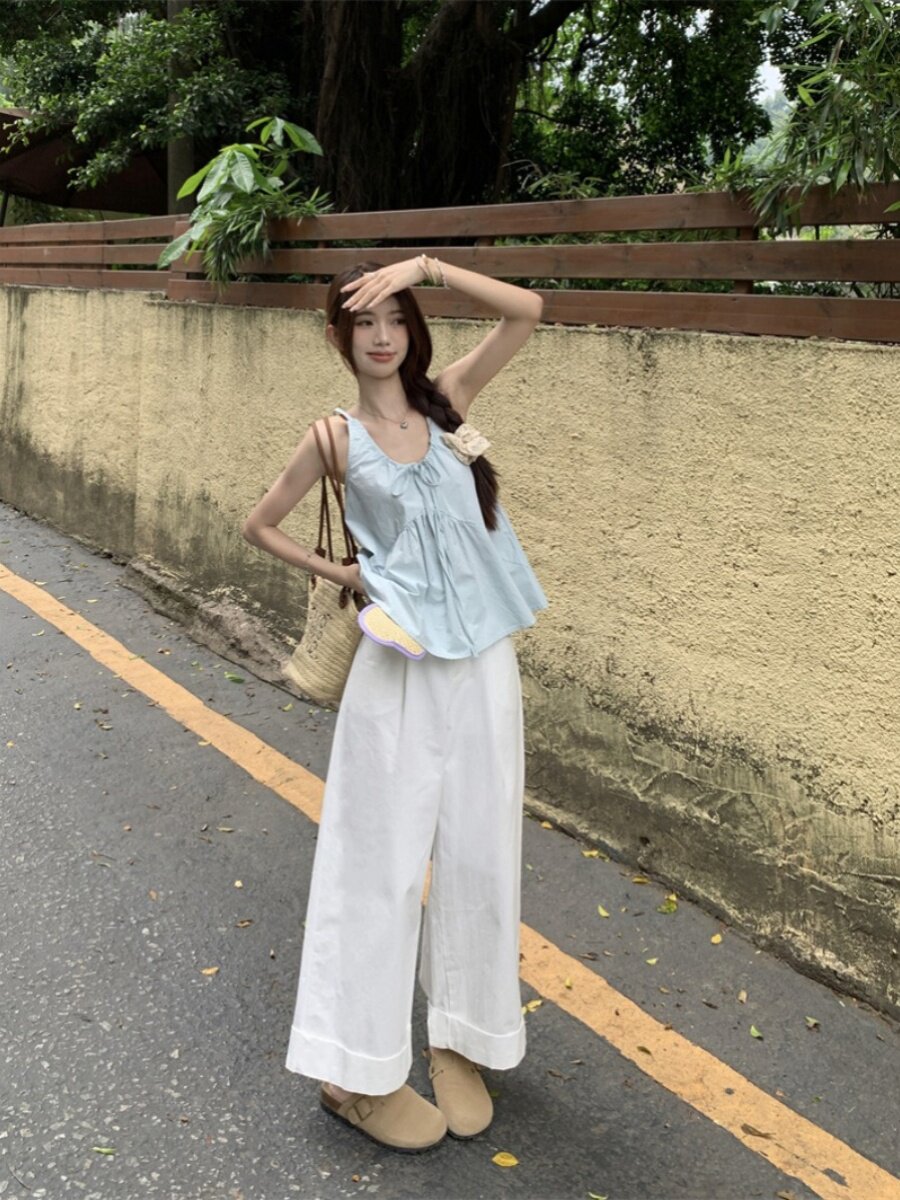 패션 정장 여성 블루 PLEATED 캐미솔 2024 여름 느슨한 넓은 다리 바지 캐주얼 바지 투피스 세트