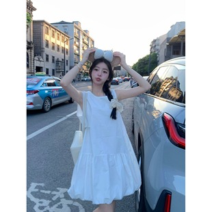 超级好看白色连衣裙小个子无袖连衣裙短款夏天裙子百搭背心裙短款