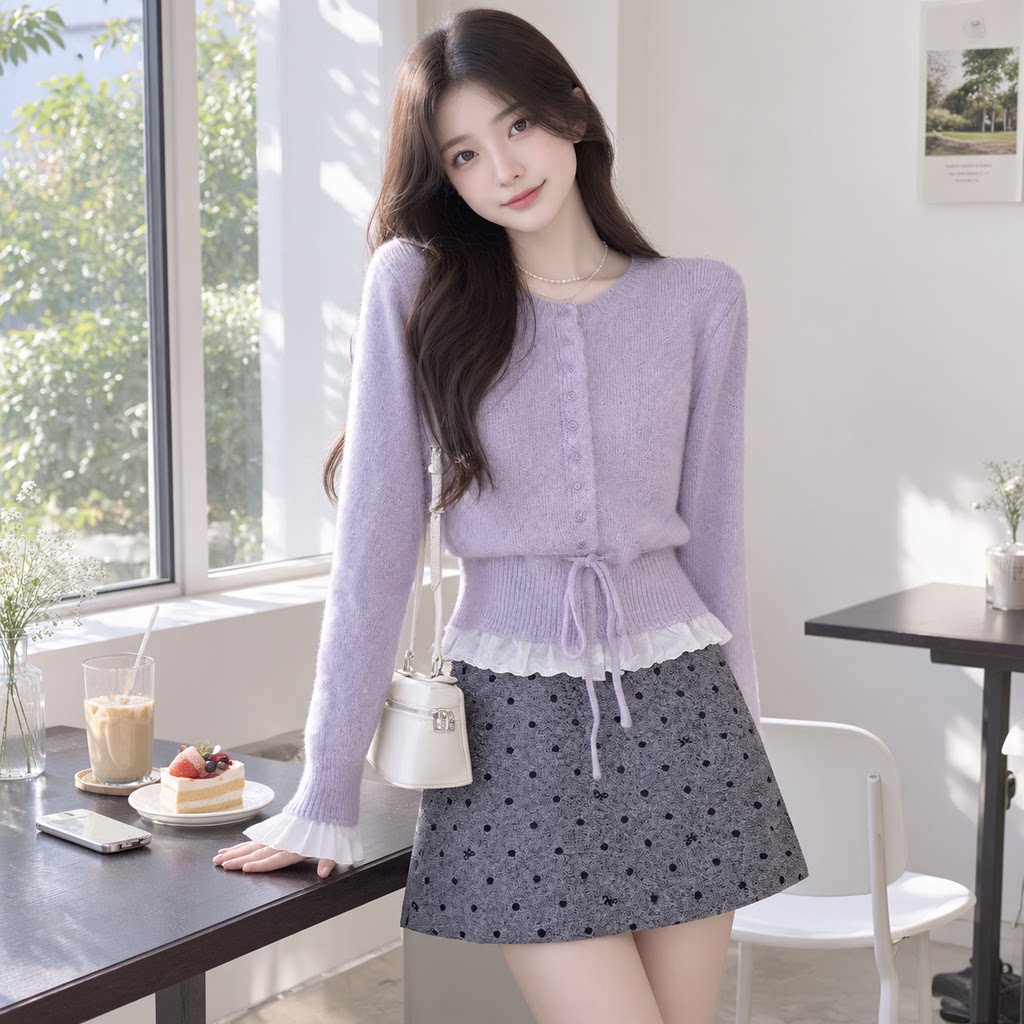 秋冬温柔风蕾丝收腰针织外套女
