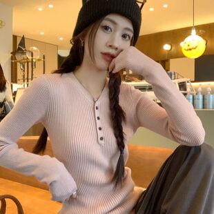 长袖v领针织衫上衣女秋冬季百搭休闲修身显瘦内搭套头毛衣打底衫