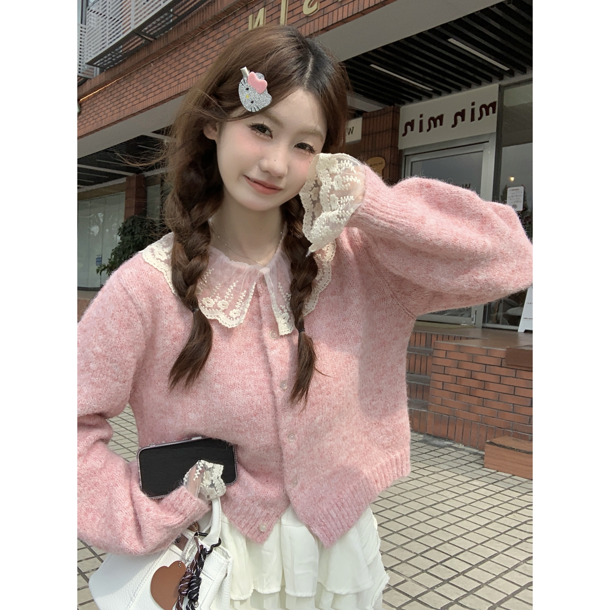 粉色蕾丝娃娃领秋冬针织开衫女