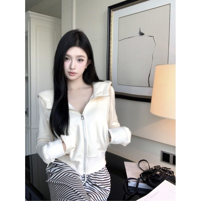 纯欲短款白色卫衣女春秋双开拉链美式连帽辣妹小个子外套
