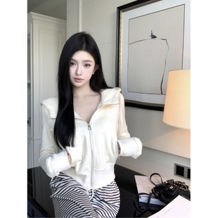 纯欲短款白色卫衣女春秋双开拉链美式连帽辣妹小个子外套