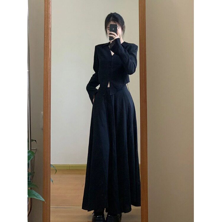 春秋清冷感飘带长袖衬衣辣妹修身设计感衬衫水墨印花飘飘半身裙潮