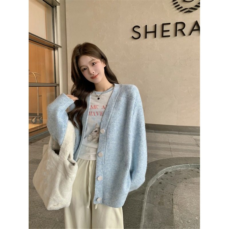 毛衣开衫女复古日系单件套装慵懒风宽松外穿中长款V领针织衫外套