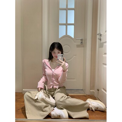 2025条纹拉链连帽针织开衫外套