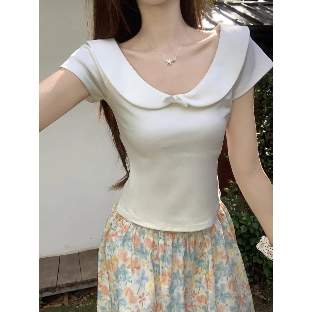甜美减龄娃娃领短袖T恤女2025夏季新款修身显瘦百搭设计感上衣潮