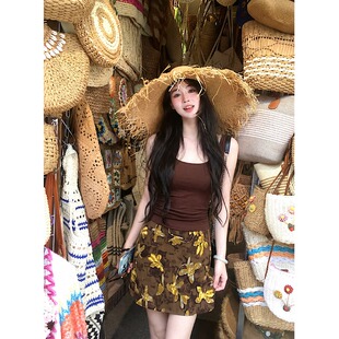 美式辣妹紧身方领吊带背心复古印花包臀半身裙两件套女夏季一整套