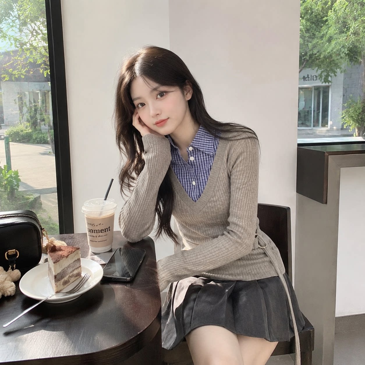 miu系千金风假两件显瘦连衣裙