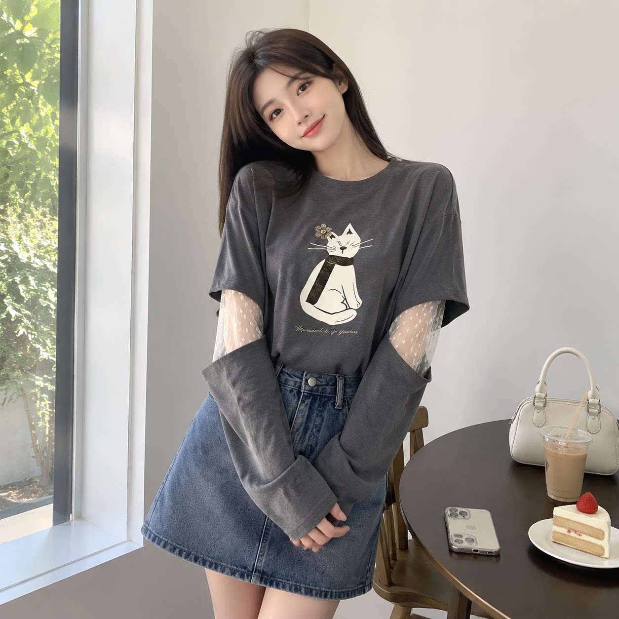灰色蕾丝拼接假两件长袖T恤女