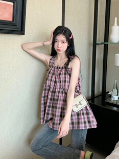 宽松甜美格子背带背心上衣女夏季 2024新款 小清新减龄木耳边娃娃衫