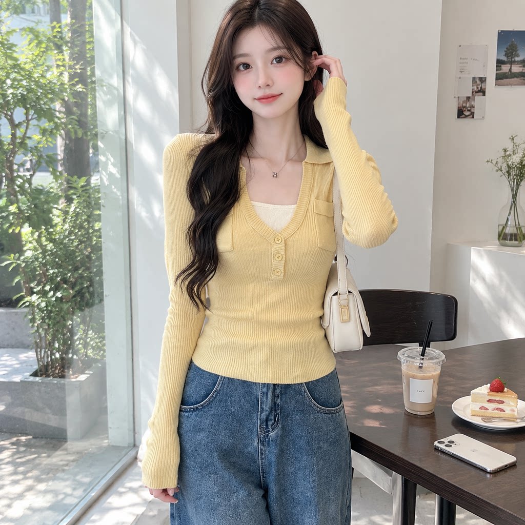 假两件V领POLO领打底T恤女