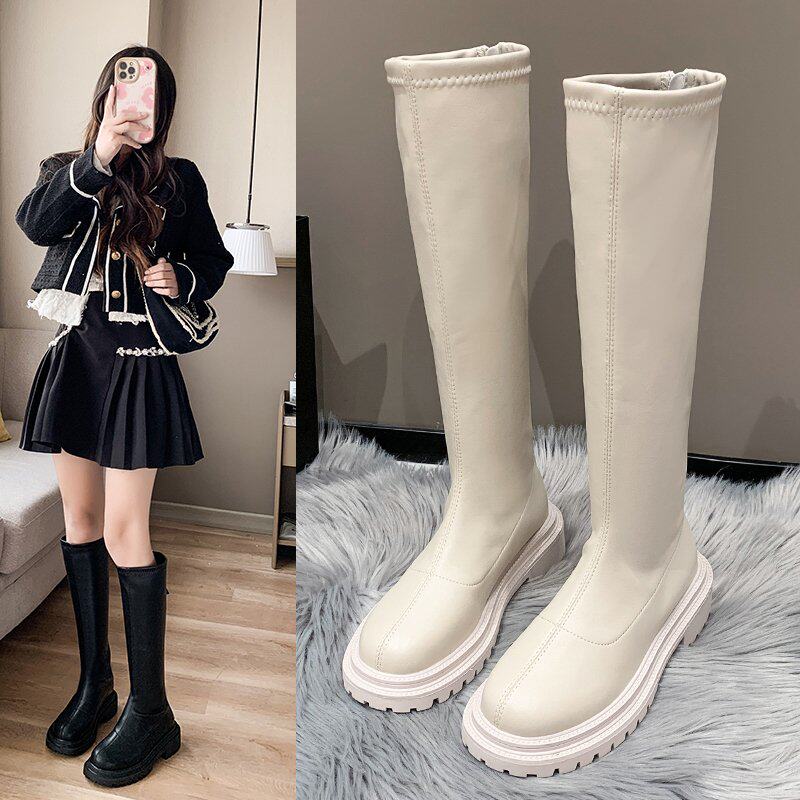 밀크티 컬러 부츠 2024 가을 겨울 새로운 스타일 후면 지퍼 미끄럼 방지 두꺼운 단독 슬리밍 키 큰 나이트 부츠 여성용 굴뚝 부츠