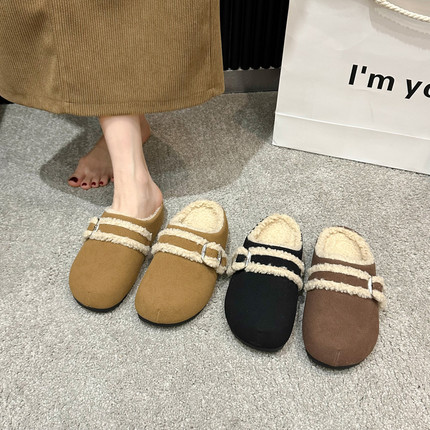厚底增高勃肯鞋女加绒毛毛棉拖鞋外穿2025新款冬季保暖包头半拖鞋