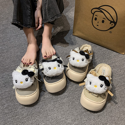 卡通可爱kitty厚底加绒保暖棉拖鞋女2024冬季新款加厚轻便棉拖鞋
