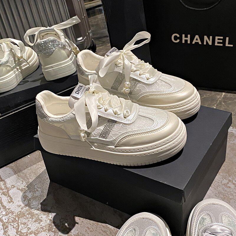 厚底蕾丝小白鞋女百搭2024年夏秋季新款网面德训鞋休闲鞋系带板鞋