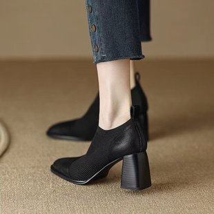 法式 針織深口英倫風早春單鞋 女真皮小皮鞋 復古粗跟方頭拼接高跟鞋