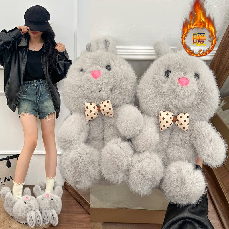 可爱蝴蝶结小熊毛毛拖鞋