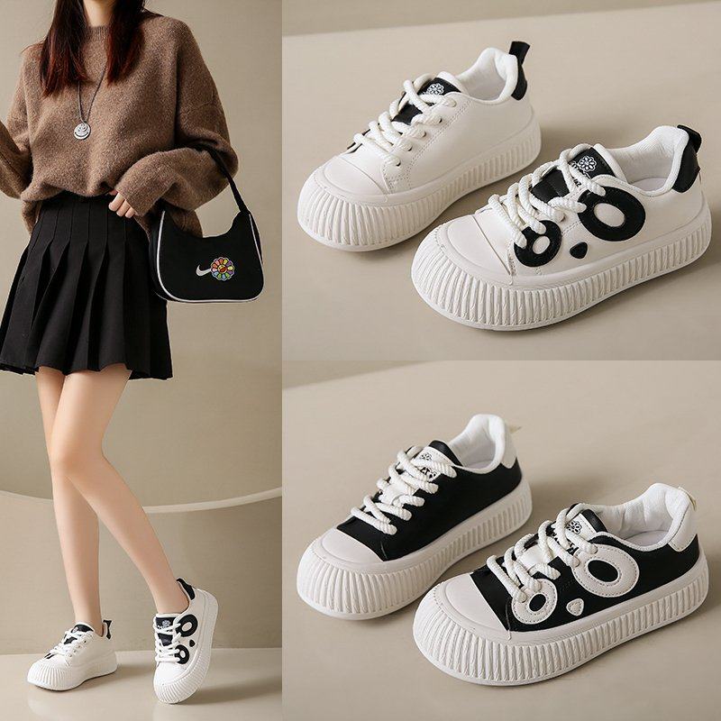 网红爆款卡通熊猫眼交叉绑带学生小白鞋2025秋季新款潮休闲低帮鞋,女鞋,时尚休闲鞋,淘宝优惠券,粉丝福利购,淘宝优惠卷