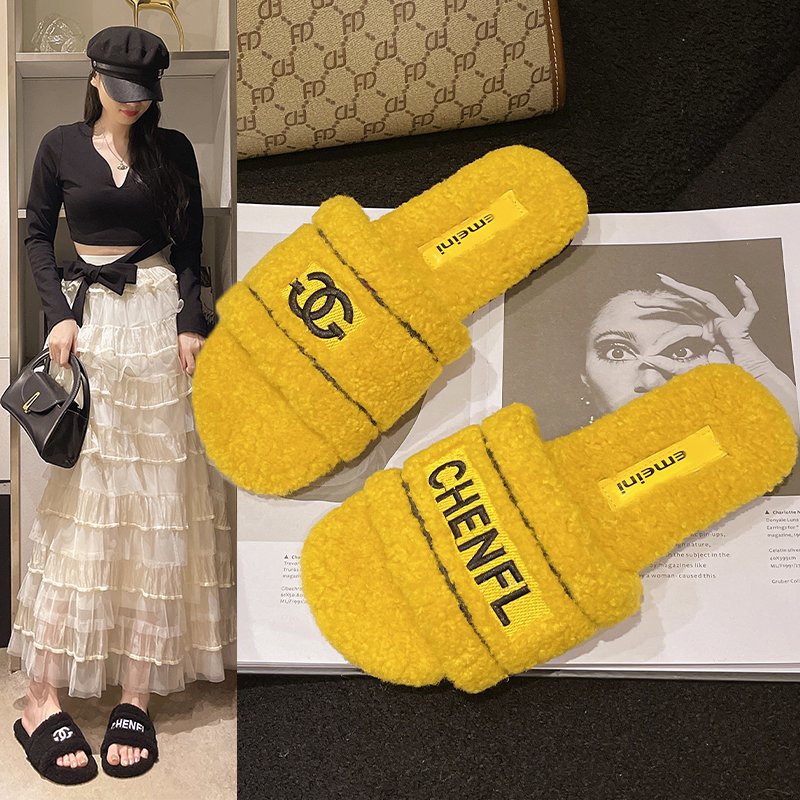 外贸黄色毛毛拖鞋一脚蹬