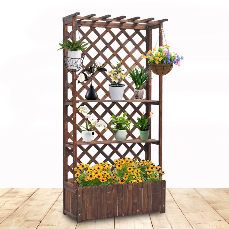 碳化防腐木花箱户外阳台实木种植箱多层落地木质网格花架子爬藤架
