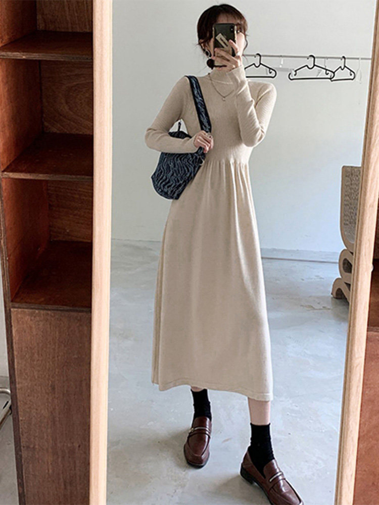 새로운 가을 겨울 스타일 햅번 스타일 프렌치 스웨터 드레스 아래 코트 블랙 하프 터틀넥 바닥 니트 드레스 여성용