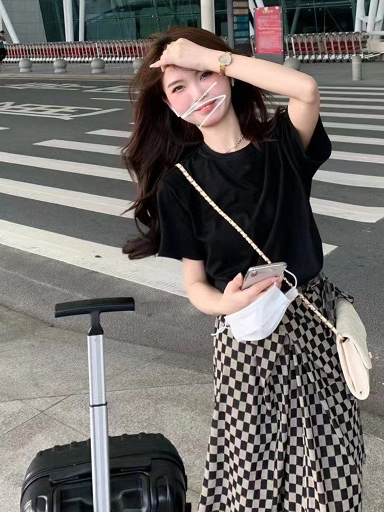 작은 정장 2024 여름 신상 하이 웨이스트 체크 무늬 스커트 캐주얼 패션 다용도 기질 여성 투피스 세트