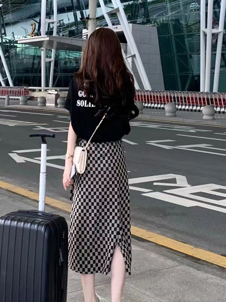 작은 정장 2024 여름 신상 하이 웨이스트 체크 무늬 스커트 캐주얼 패션 다용도 기질 여성 투피스 세트
