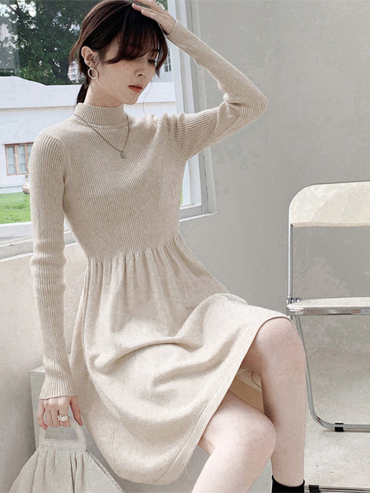 새로운 가을 겨울 스타일 햅번 스타일 프렌치 스웨터 드레스 아래 코트 블랙 하프 터틀넥 바닥 니트 드레스 여성용