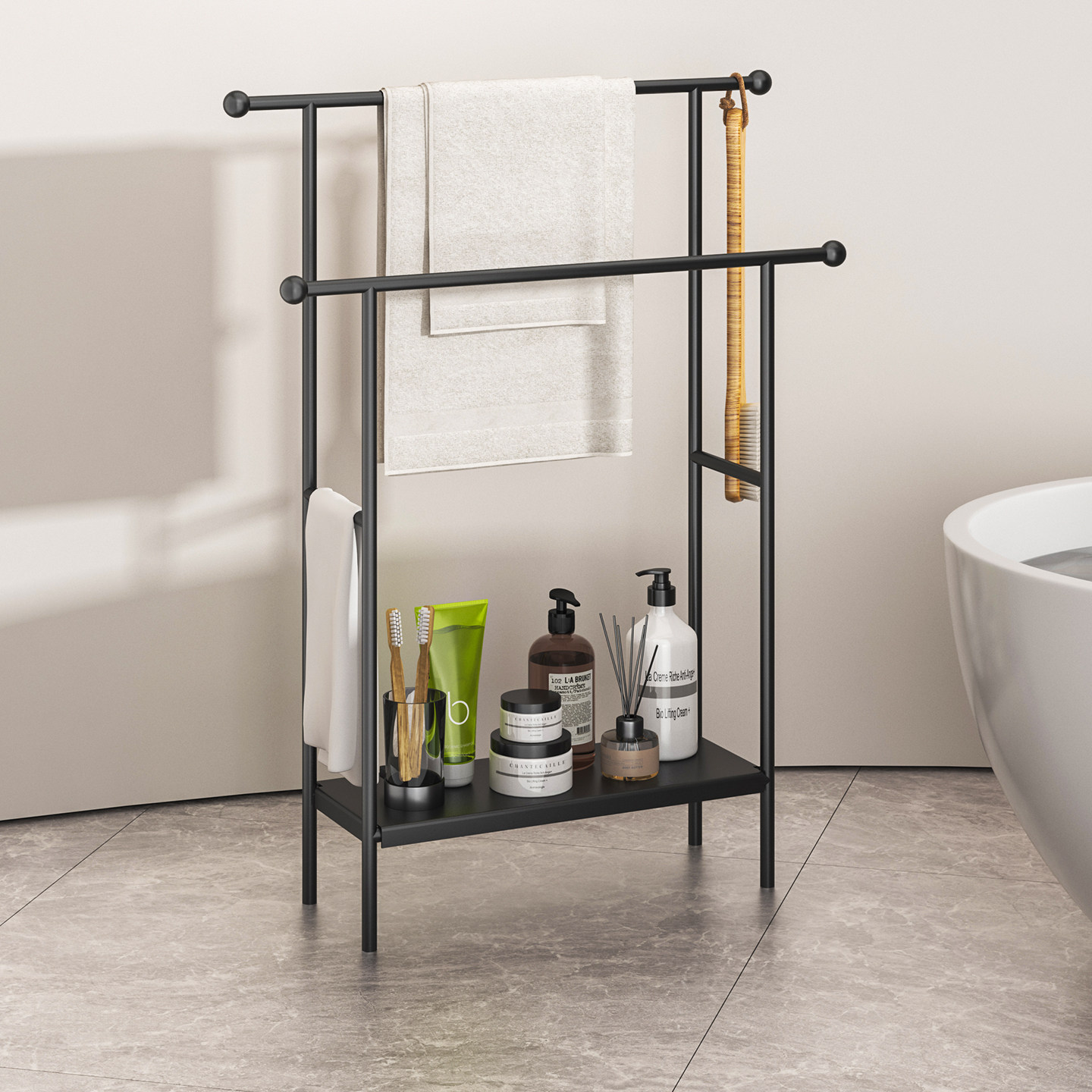 铁艺免打孔卫生间落地置物架多层轻奢浴巾毛巾架浴室架挂毛巾架子