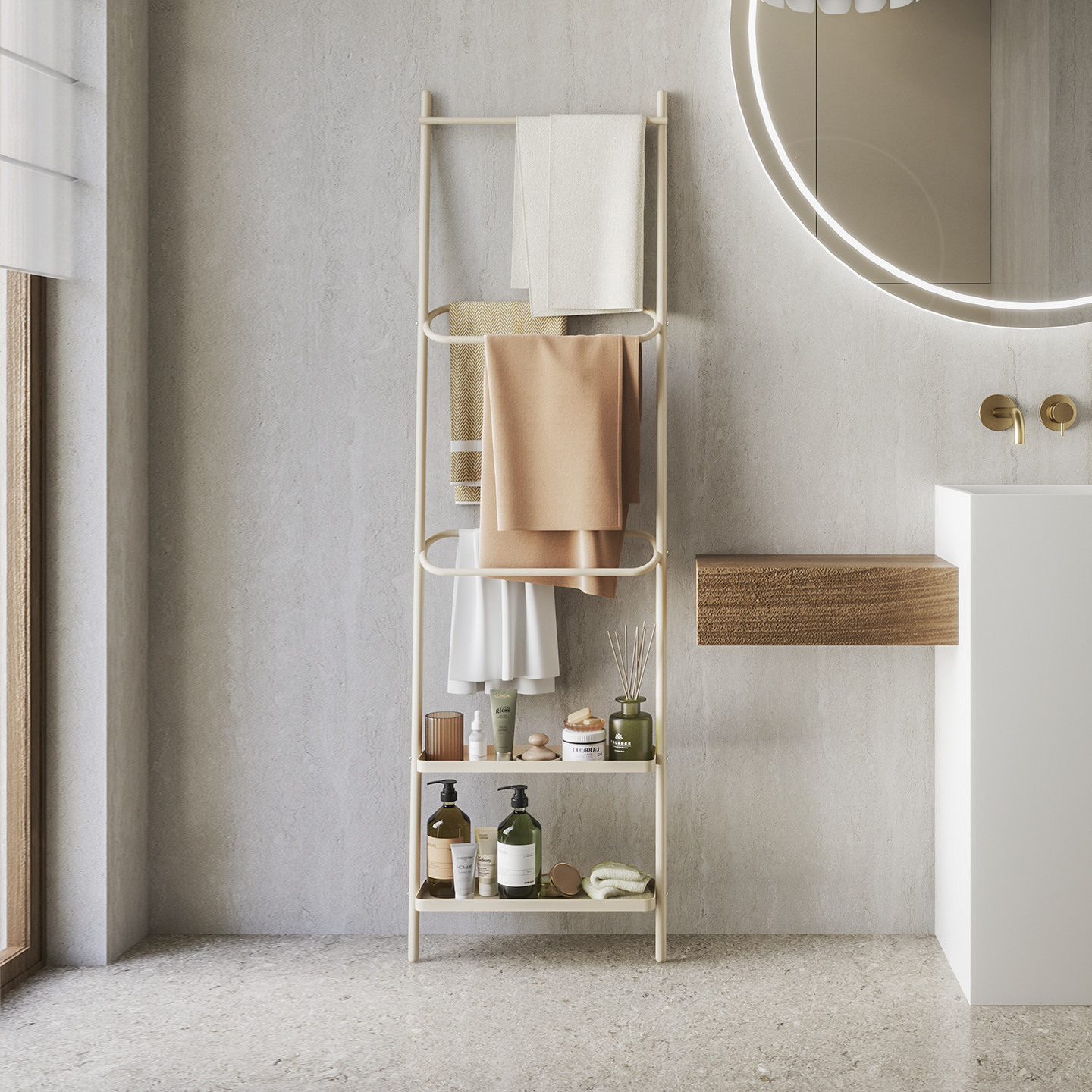 顾得家具免打孔落地毛巾架浴缸浴室靠墙梯子置物架不占地浴巾架子
