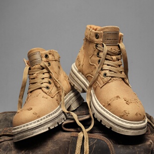 复古马丁靴男士高帮布面做旧休闲工装男鞋秋季小众设计感个性潮鞋