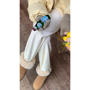米花家  奶油白加绒高腰拖地阔腿裤女秋灯芯绒裤子休闲宽松阔腿裤