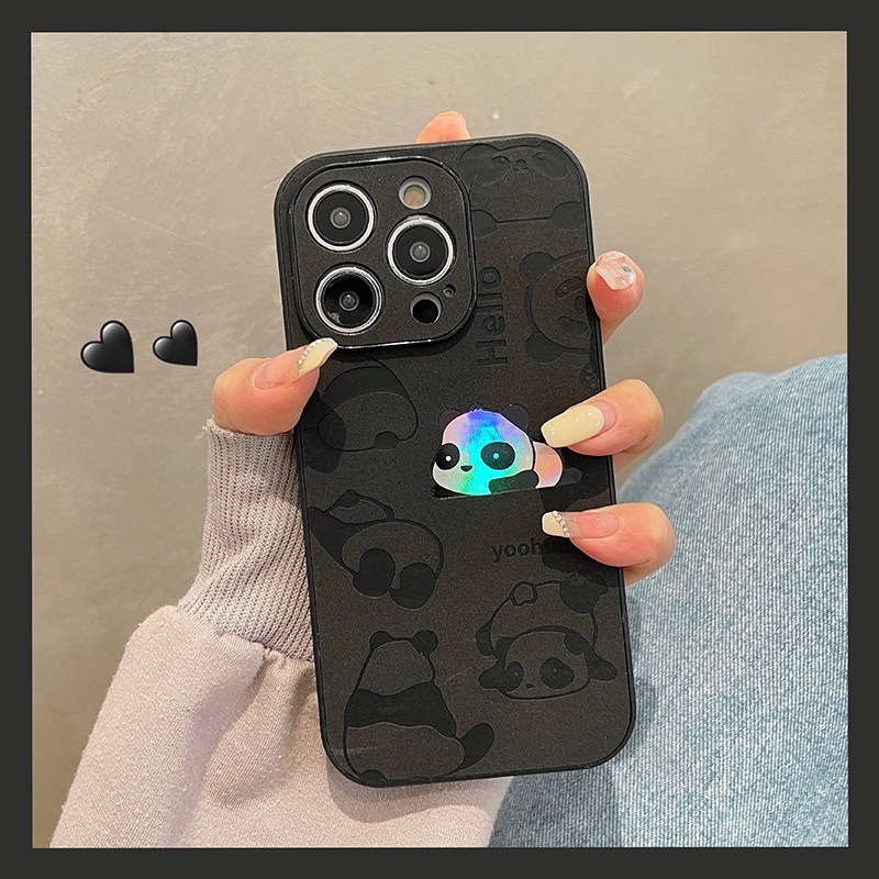 可爱镭射皮质熊猫适用iphone16pro手机壳15promax