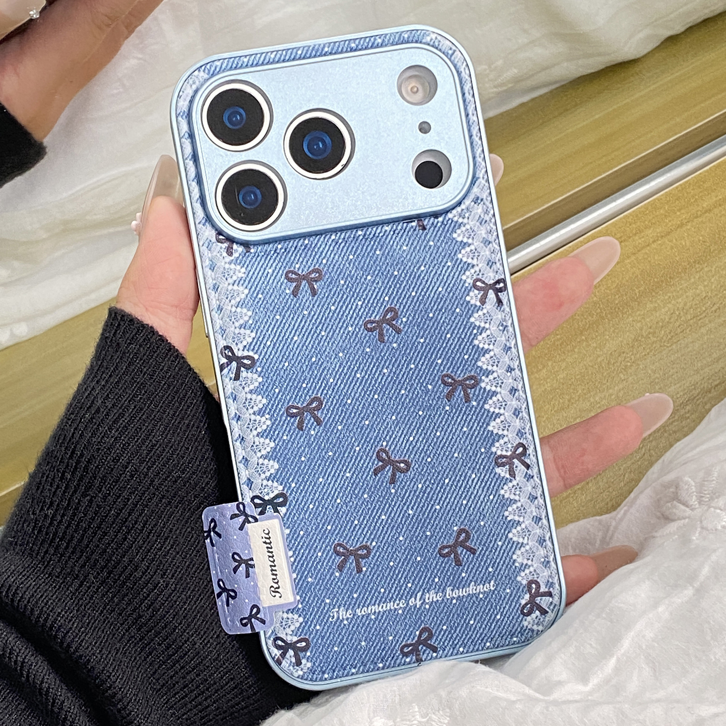 复古牛仔纹蕾丝黑蝴蝶结适用于iphone17promax手机壳苹果16保护套14皮质13全包新款15pro巨好看max独特手机套