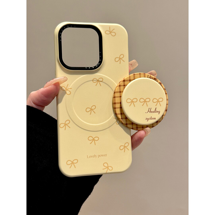 韩系奶油黄蝴蝶结磁吸支架适用iphone17pro手机壳苹果15保护套14超好看外壳13新款16promax全包防摔max高级感