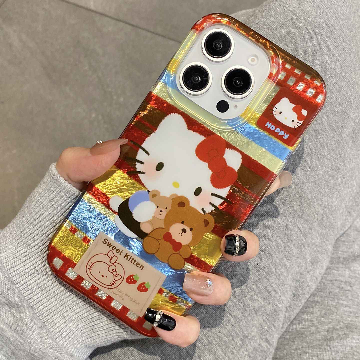 韩系可爱拼接锡纸kt猫适用于iphone16手机壳苹果15保护套14防摔13全包新款17promax系列16pro高级感max手机套