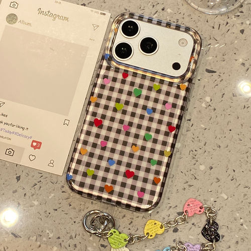 ins黑色格纹彩色爱心适用于iphone17promax手机壳苹果16保护套18pm简约新款15pro网红max手机套全包防摔超火