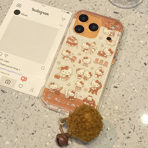 可爱ins格纹满屏kt猫适用于苹果15手机壳iphone14保护套13防摔小众新款17promax全包16pro独特max超火手机套-封面