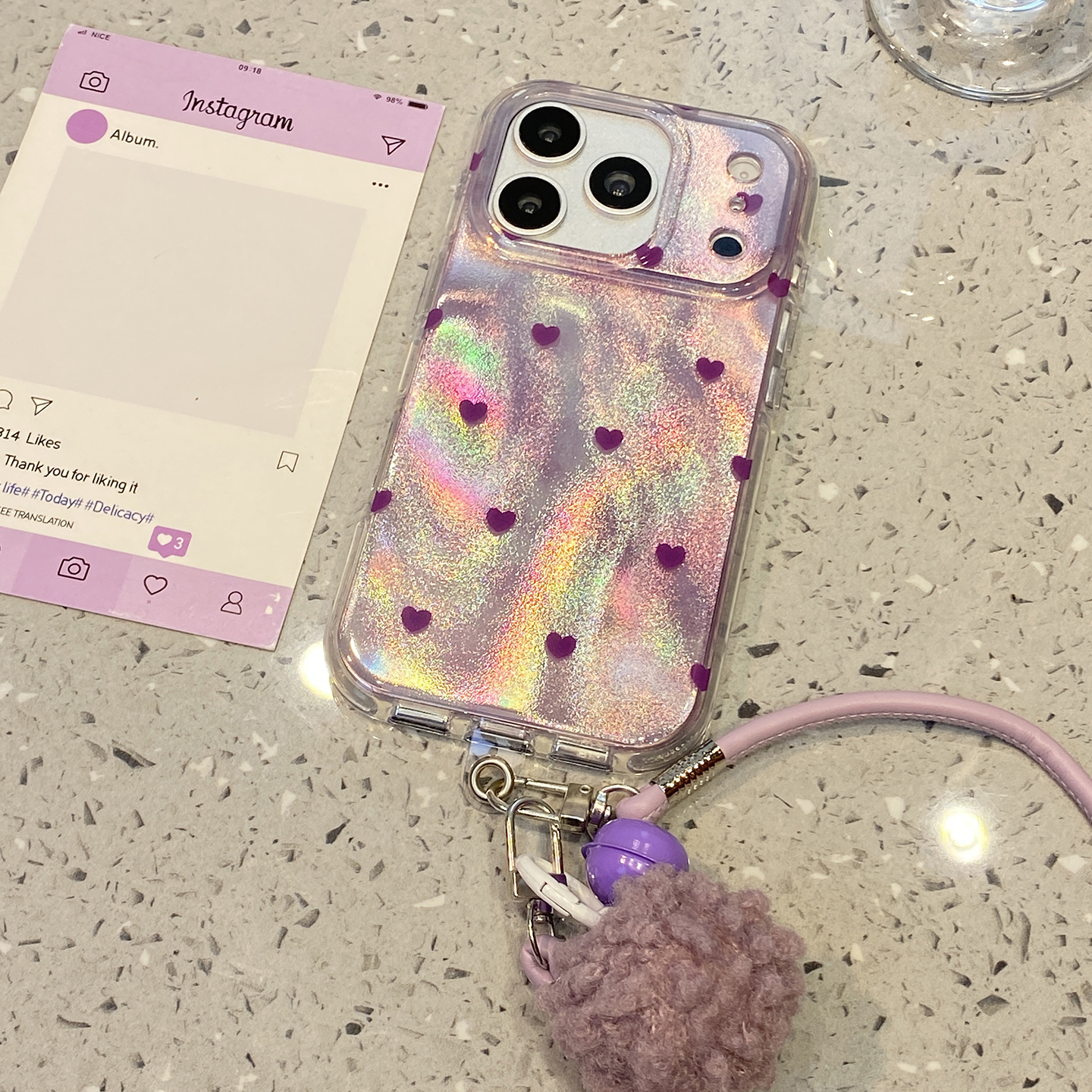 韩风ins镭射紫色爱心适用于苹果15手机壳iphone14保护套13网红新款17promax带挂绳16pro独特max巨好看手机套