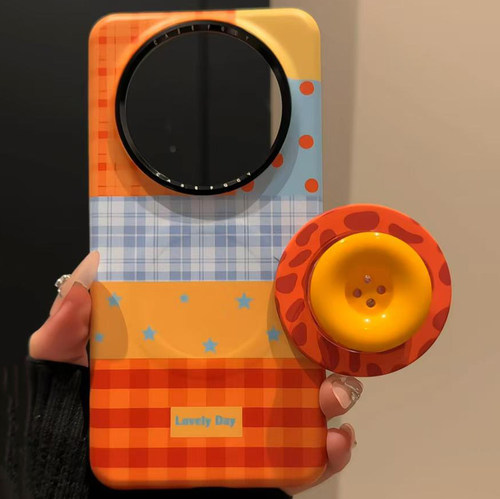 多巴胺橙格纹拼接纽扣磁吸支架适用华为mate70pro手机壳mate60pro新款外壳高级感超好看外壳女款全包防摔新款