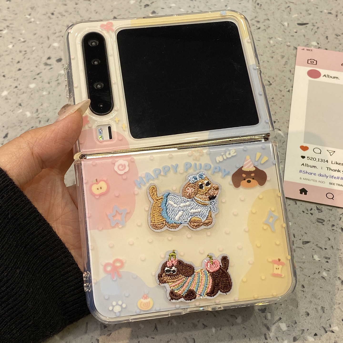 可爱粉蓝色块刺绣腊肠狗斜跨挂绳适用华为purax手机壳pura折