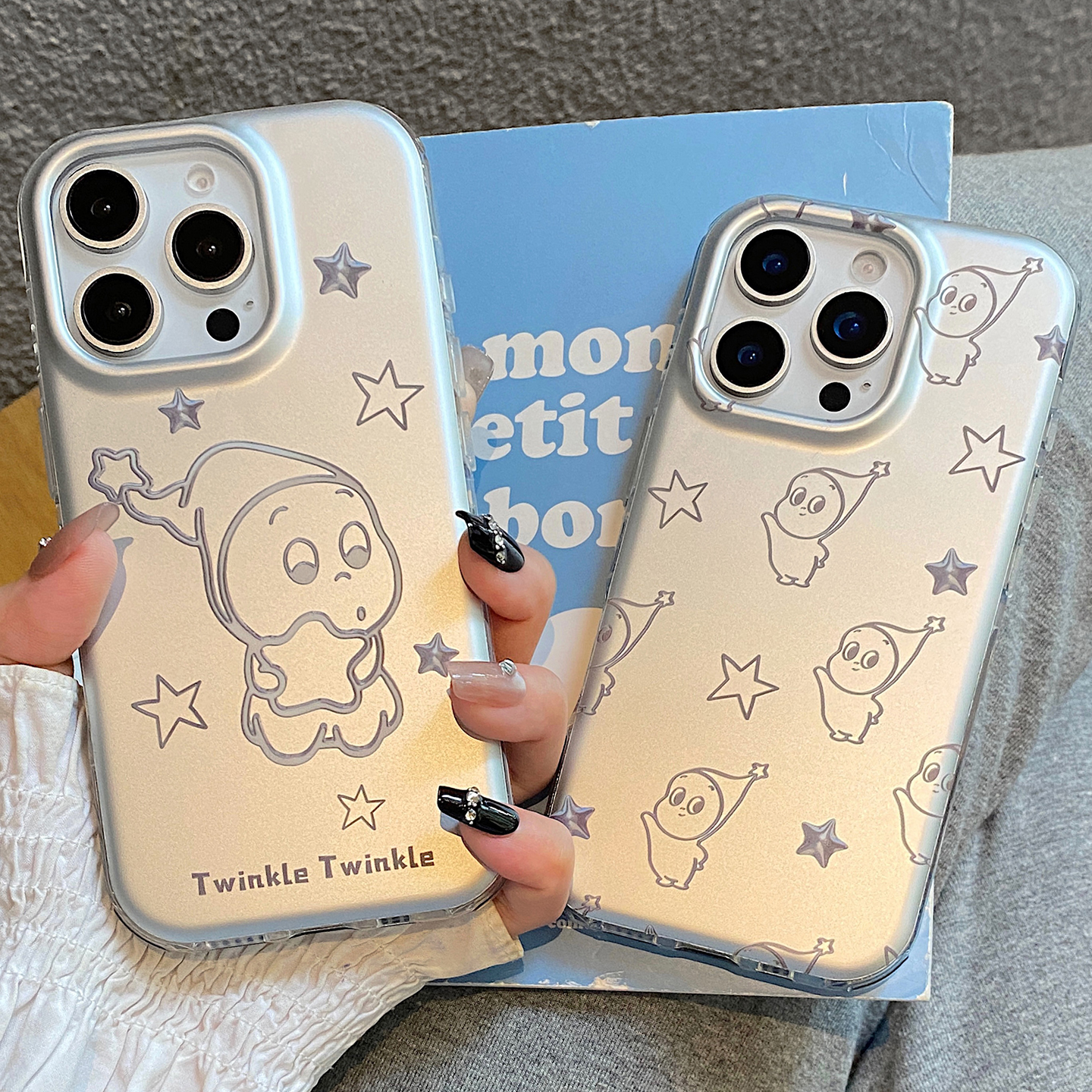 韩系可爱卡通电镀银线条星星人适用于苹果16promax手机壳iphone15保护套14防摔13新款15pro简约max手机套高级