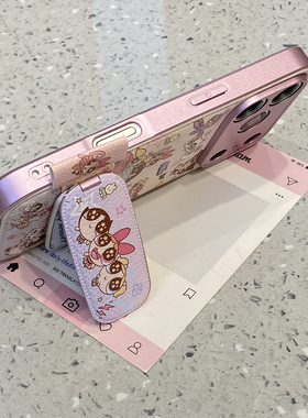 粉色飞天小女警适用于苹果17promax手机壳iphone14保护套皮质新款16折叠镜子带支架15pro创意max超火外壳好看