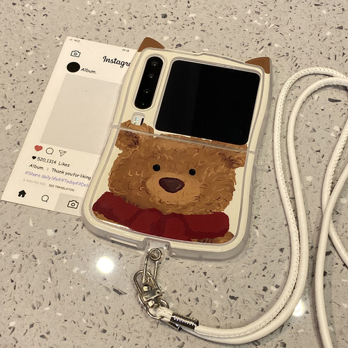 可爱红围巾小熊适用华为purax手机壳Pocket2小米mixflip2/pura/x折叠屏s三星zflip7典藏版6挂绳5保护套不撞壳