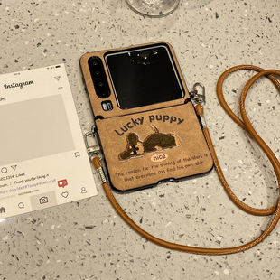 秋冬皮质躺平狗狗适用华为purax手机壳Pocket2小米mixflip斜跨挂绳折叠屏三星zflip7典藏版 6女5pura斜跨挂绳x