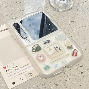 6斜跨挂绳5透明 x折叠屏s三星zflip7典藏版 奶白立体猫耳朵贴纸适用华为purax手机壳Pocket2小米mixflip pura