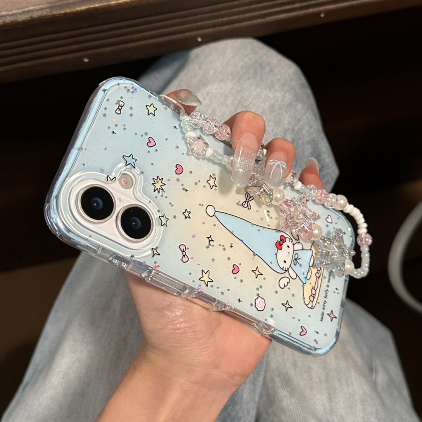 韩系可爱晕染蓝满屏星星长帽kt猫适用于iphone16pro手机壳苹果16保护套14链条13新款15promax少女心max手机套