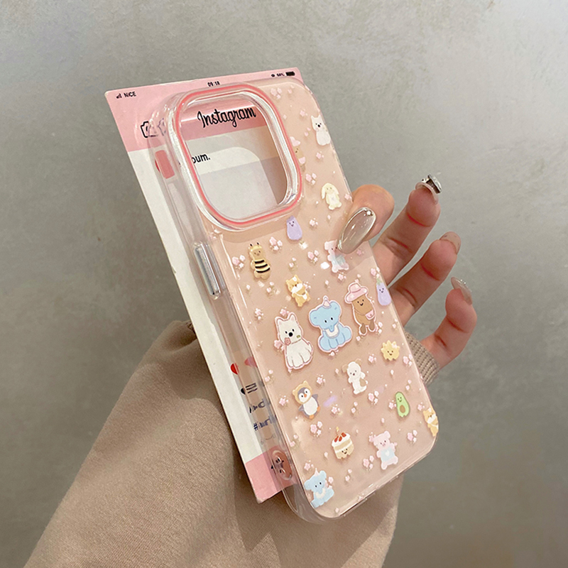 可爱卡通粉色碎花动物适用iphone16手机壳苹果15pro保护套14全包13防摔16promax新款16p软壳max超好看高级感